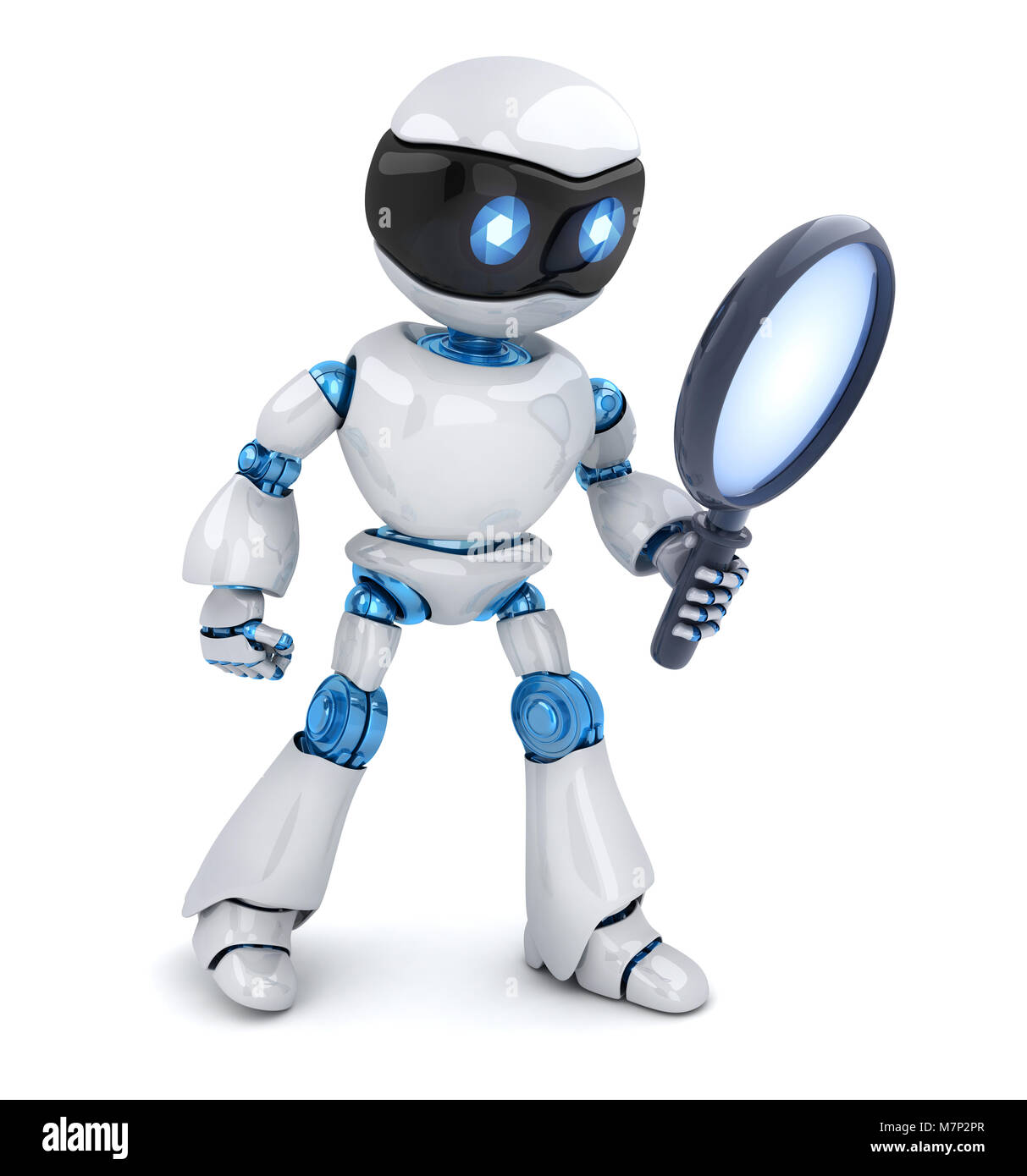 Suche Roboter und Objektiv auf weißem Hintergrund. 3D-Darstellung Stockfoto