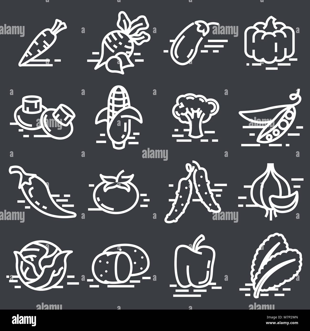 Gemüse Symbole line Set mit Rettich, Kürbis, Kartoffeln, Sellerie isoliert Vector Illustration Stock Vektor