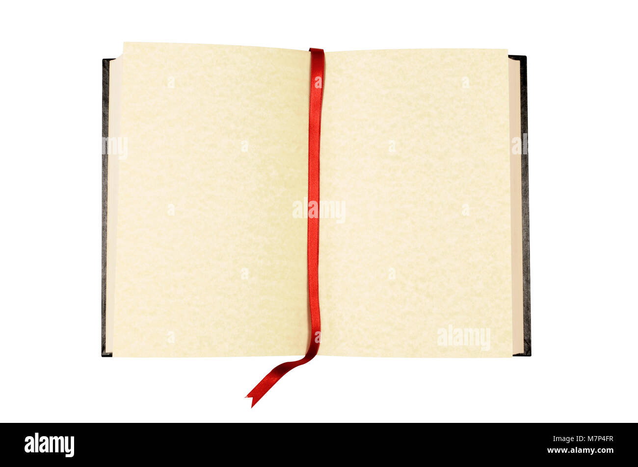 Alte leere Buch mit gelbem Pergament Seiten und Ribbon Lesezeichen auf einem weißen Hintergrund. Stockfoto