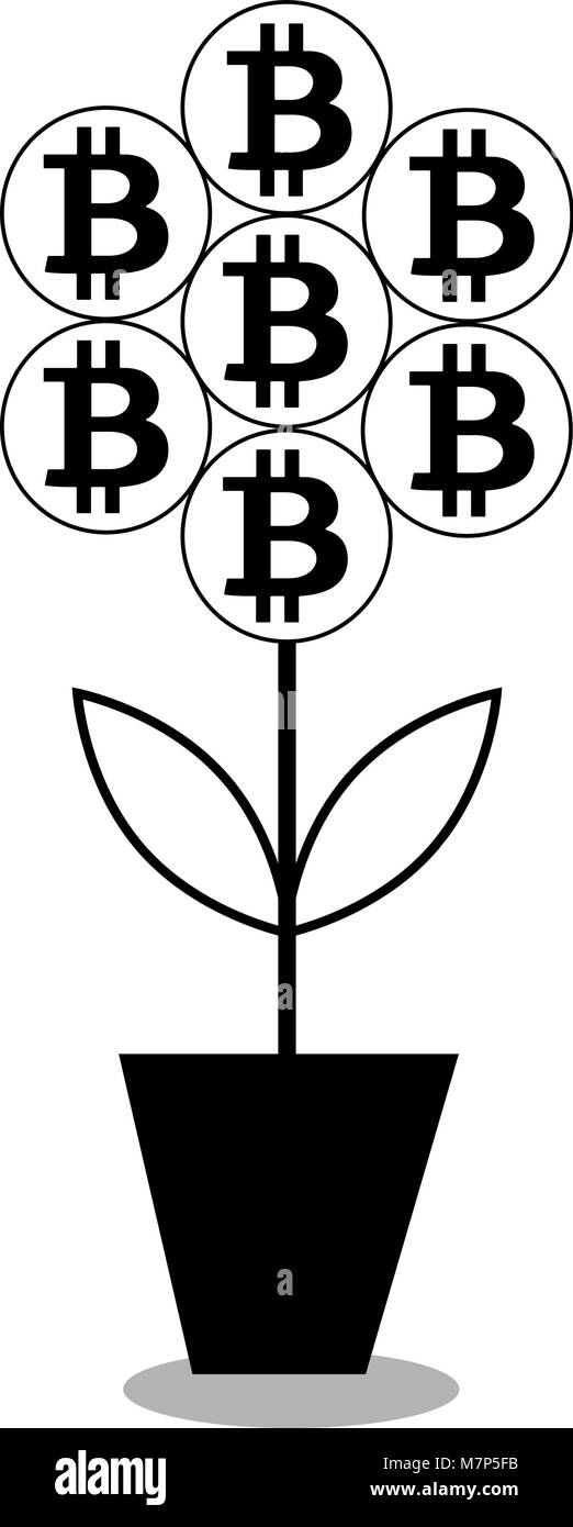 Vector Illustration von bitcoin Blume im Topf. schwarze Silhouette, Symbol Clipart auf weißem Hintergrund. Stock Vektor