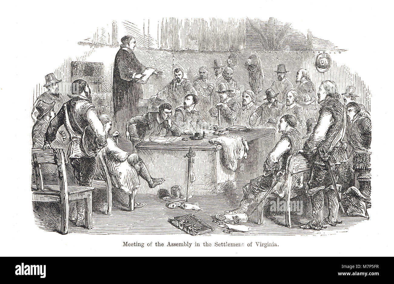 Sitzung der Versammlung, Abwicklung von Virginia, 1619, erste Versammlung des House of Burgesses. Der erste gewählte Legislative Assembly in Nordamerika Stockfoto