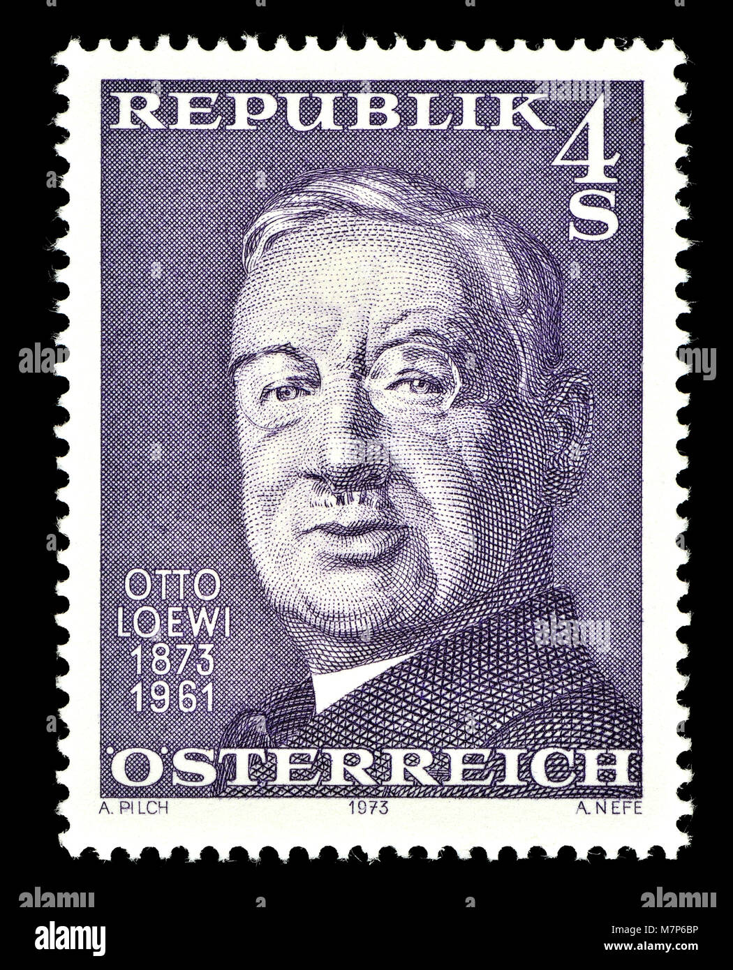 Österreichische Briefmarke (1973): Otto Loewi (1873-1961), deutscher Pharmakologe und psychobiologist geboren, die die Rolle von acetylcholin als entdeckt Stockfoto