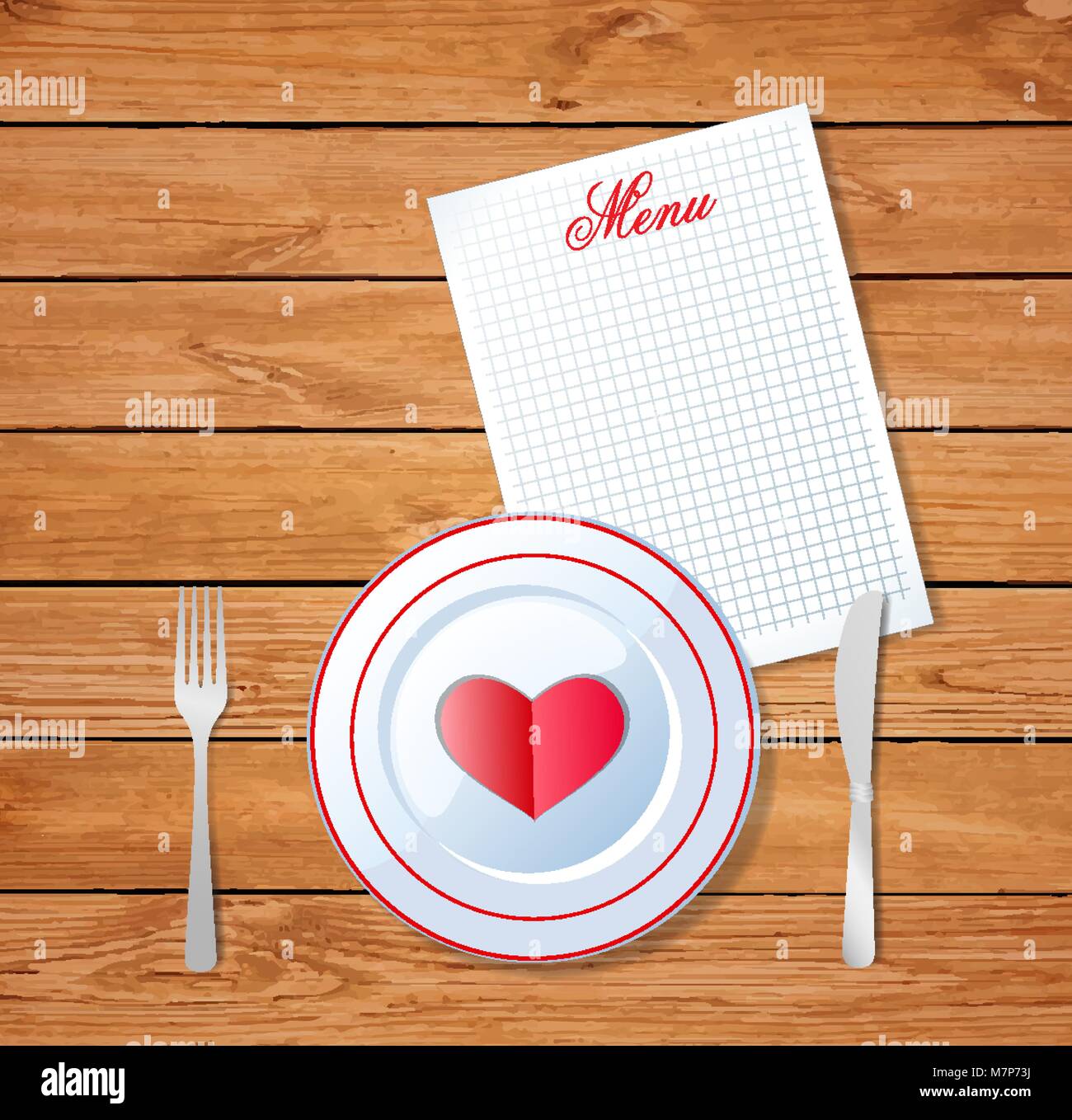 Vector Abbildung: Herz auf weißem Teller mit Messer und Gabel auf hölzernen Tisch Hintergrund und Blatt mit Titel Menü und Platz für Text. Vale Stock Vektor
