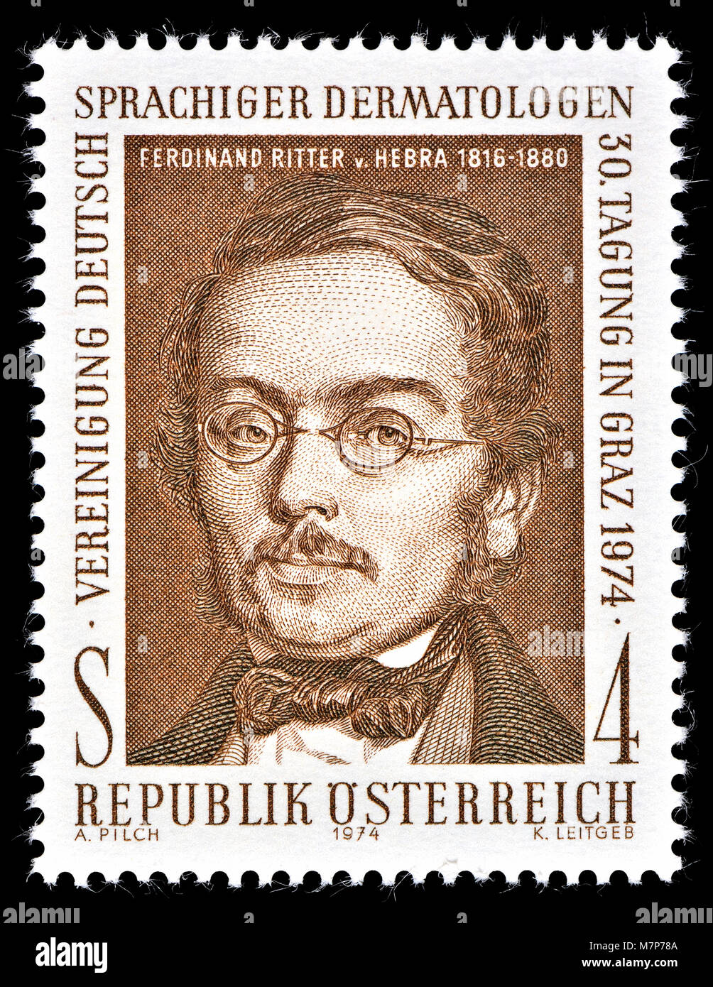Österreichische Briefmarke (1974): Ferdinand Karl Franz Schwarzmann, Ritter von hebra (1816-1880), mährischer geborenen österreichischen Arzt und Dermatologe... Stockfoto
