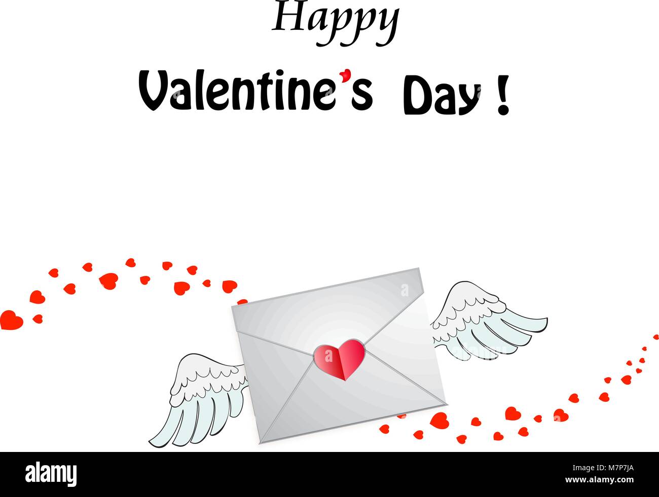 Happy Valentine's Day Grußkarte. Geschlossenem Herzen frankierten Umschlag mit weißer Engel Flügel und Herzen wave-Spur auf weißem Hintergrund. Stock Vektor