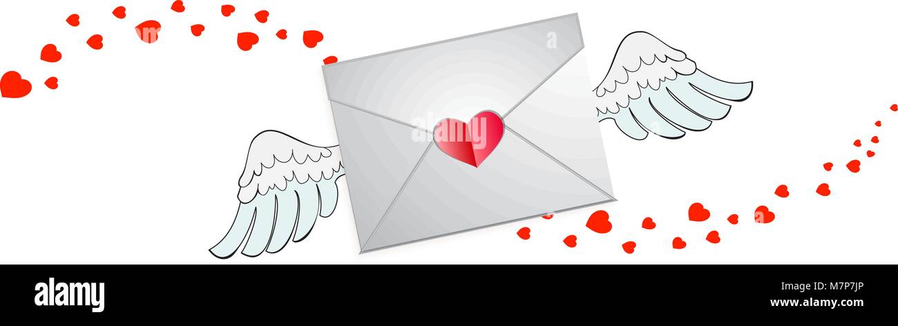 Geschlossenen Umschlag mit Herz Stempel, weiße Engel Flügel und Herzen wave-Spur auf weißem Hintergrund. Fliegen schreiben Liebe, Valentinstag Symbo Stock Vektor