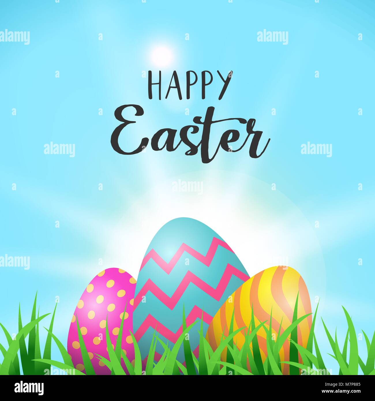 Ostern Grußkarte Illustration, bemalte Eier versteckt sich hinter frühling gras mit fröhlichen Feier an. EPS 10 Vektor. Stock Vektor