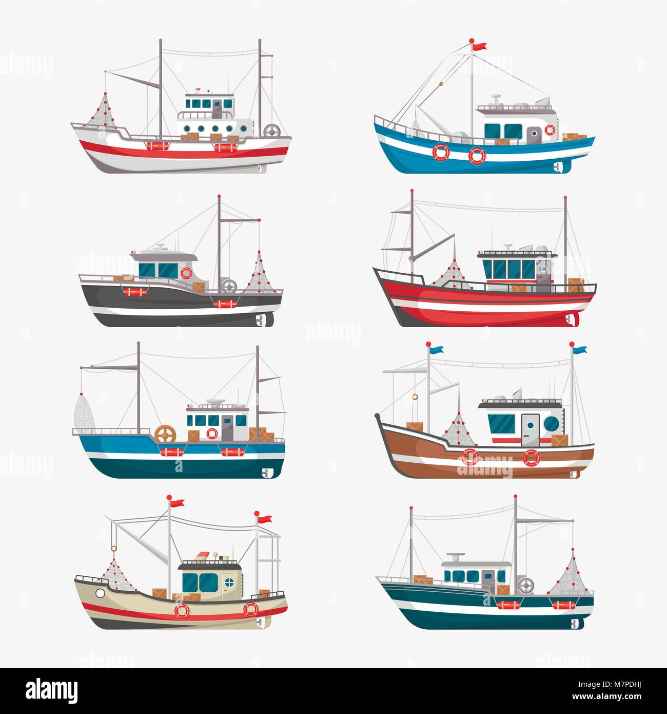 Fischerboote Seitenansicht auf weißem Hintergrund Stock Vektor