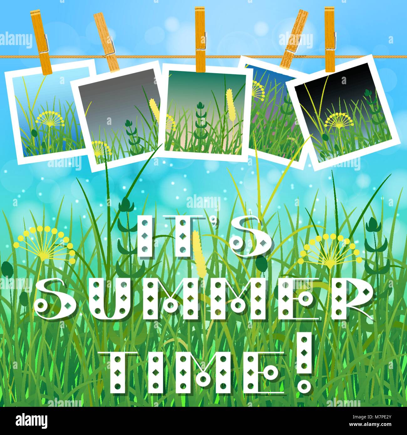 Konzept Sommer. Himmel, Blur, Wiese mit Kräutern. Sommer Fotos auf Wäscheklammern auf einem Seil. Sie können Ihre Fotos einfügen. Text - seine Sommer Stock Vektor
