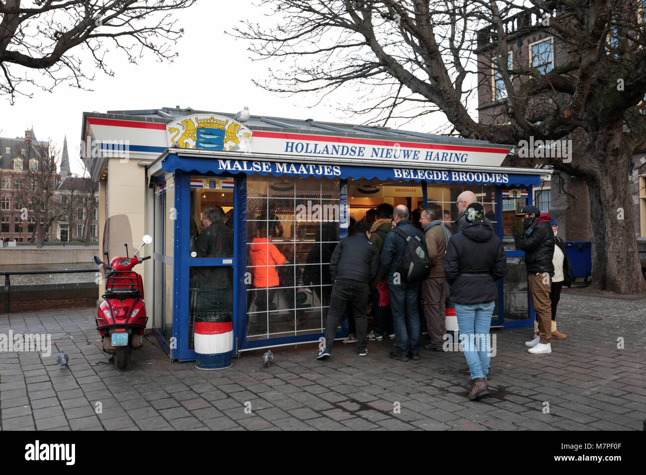 Den Haag, Niederlande - Januar 4, 2017: die Menschen Lebensmittel kaufen in den neuen niederländischen Hering Kiosk am Binnenhof. Dutchs essen Ihre rohen Fisch auf einem Brötchen oder als snac Stockfoto