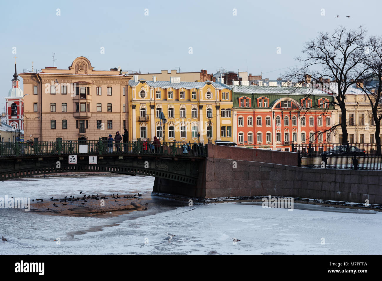St. Petersburg, Russland - Januar 2, 2016: Man füttern die Enten am 1. Engineering Brücke über den Fluss Moyka. Die Brücke wurde in 1824-1825 ein gebaut Stockfoto