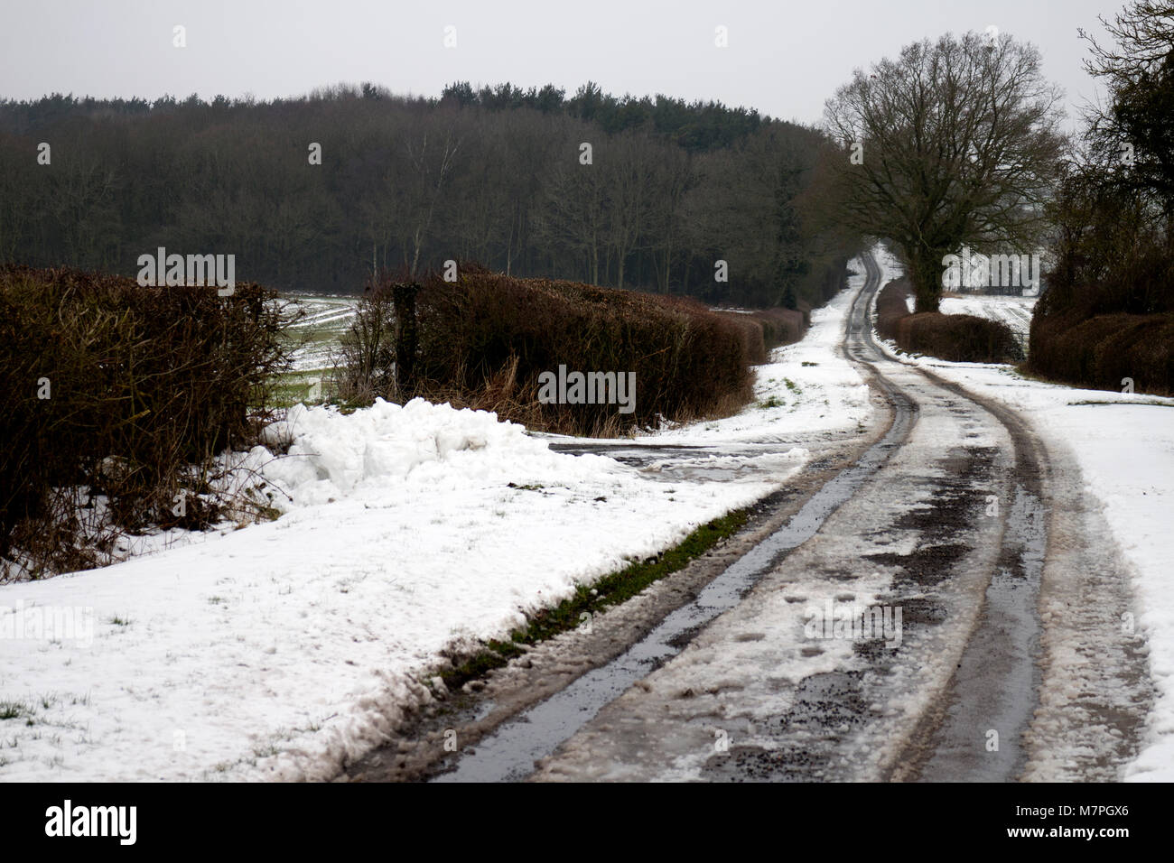 Ein Land Straße im Winter mit Schnee, Warwickshire, Großbritannien Stockfoto