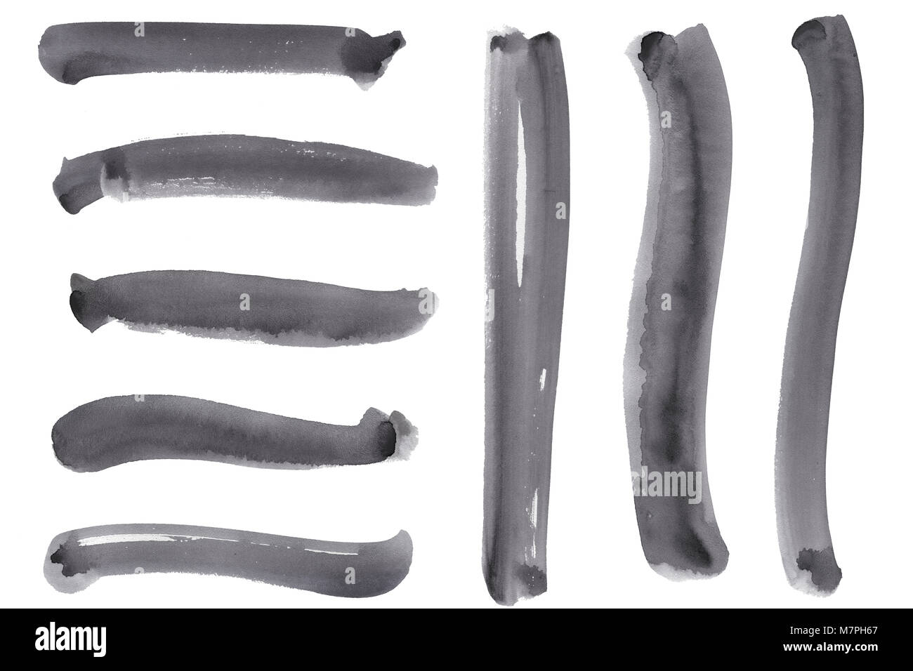 Satz von Schwarz aquarell Pinselstrichen auf weißen Hintergrund als Gestaltungselement Sammlung Hintergrund isoliert. Kit von Tinte von mehreren gerade und Curv Stockfoto