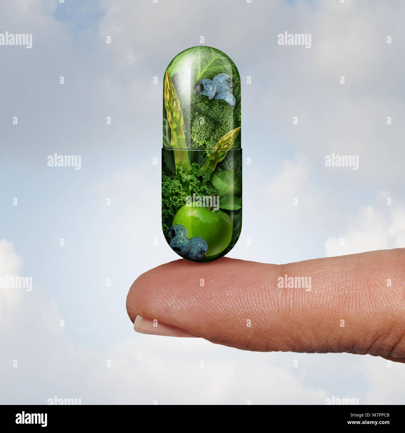 Gesundheit vitamin- und Nahrungsergänzungsmittel als alternative Medizin und Naturheilkunde oder Homöopathie Symbol wie ein Finger, eine gree Pille. Stockfoto