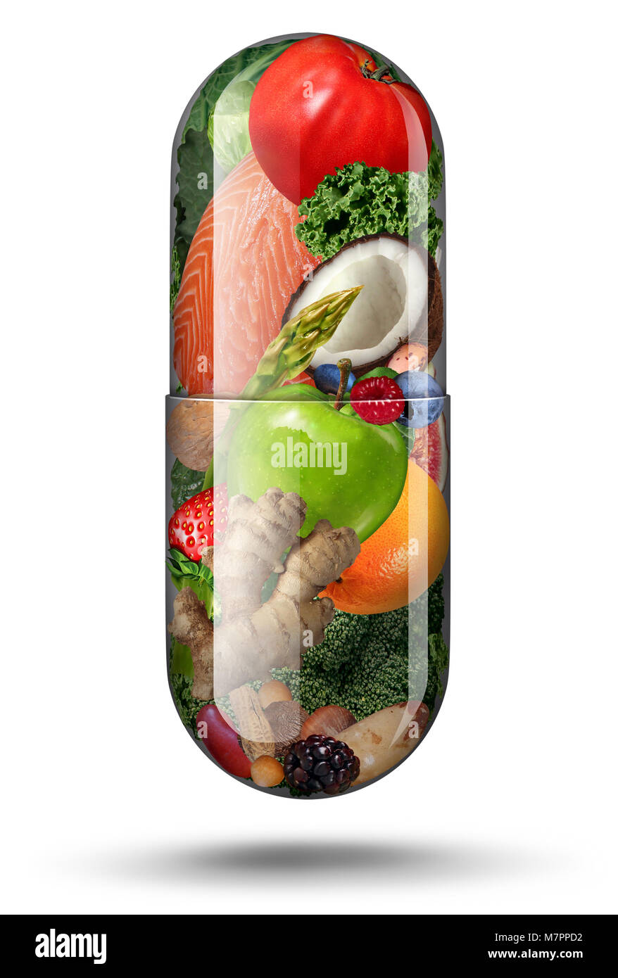 Nahrungsergänzungsmittel wie Vitamin a Kapsel mit Obst Gemüse Nüsse und Bohnen in einem Nährstoff Pille als natürliche Medizin Gesundheit Behandlung. Stockfoto