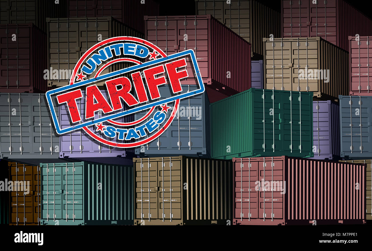United States Tarif als Stempel auf eingeführte Cargo Fracht Hintergrund als wirtschaftliche Handels Besteuerung Streit über internationalen Import und Export. Stockfoto