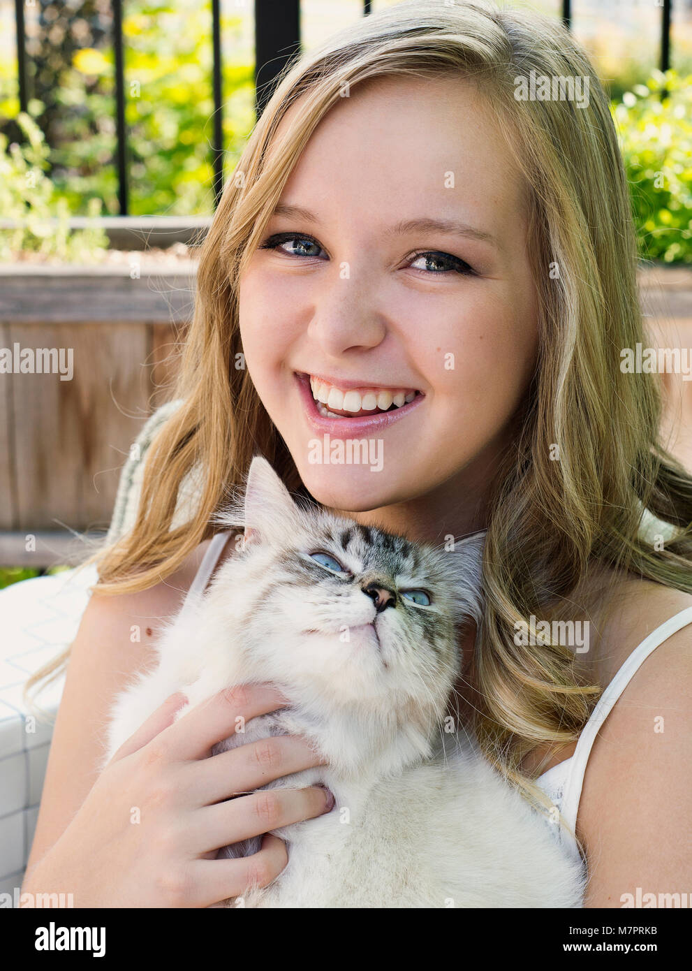 Ein teenaged das Mädchen und ihre Katze. Stockfoto