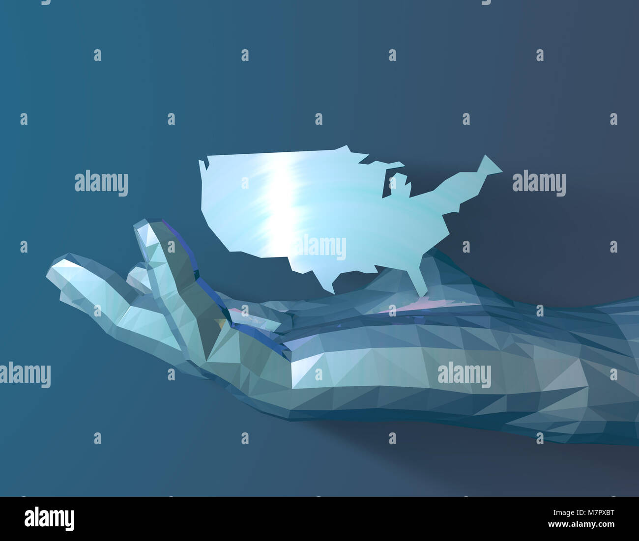 Karte der Vereinigten Staaten in die Hände der Menschen, die menschliche Technologie, die Kontrolle über die Zukunft Stockfoto