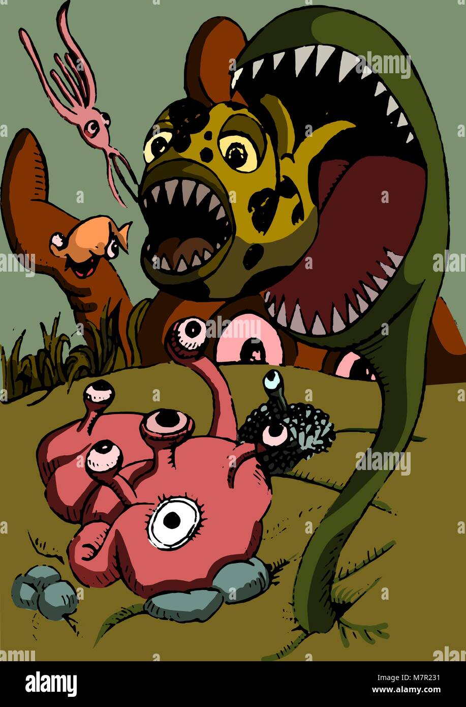 Ein Poster Abbildung: Fantasy fiktiver Meeresbewohner gegenseitig in der Nahrungskette zu essen. Hand gezeichnet Zusammensetzung vektorisiert als Poster Stock Vektor