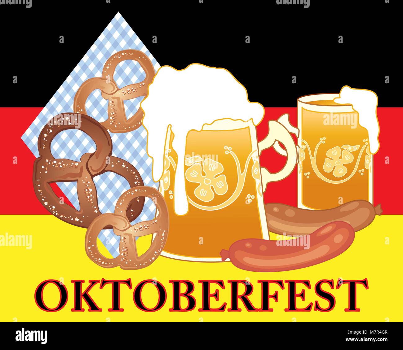 Ein Vektor Abbildung im EPS 10-Format von einer Werbung für Oktoberfest mit goldenen Bier in Fancy tankards Brezeln und Wurst Stock Vektor