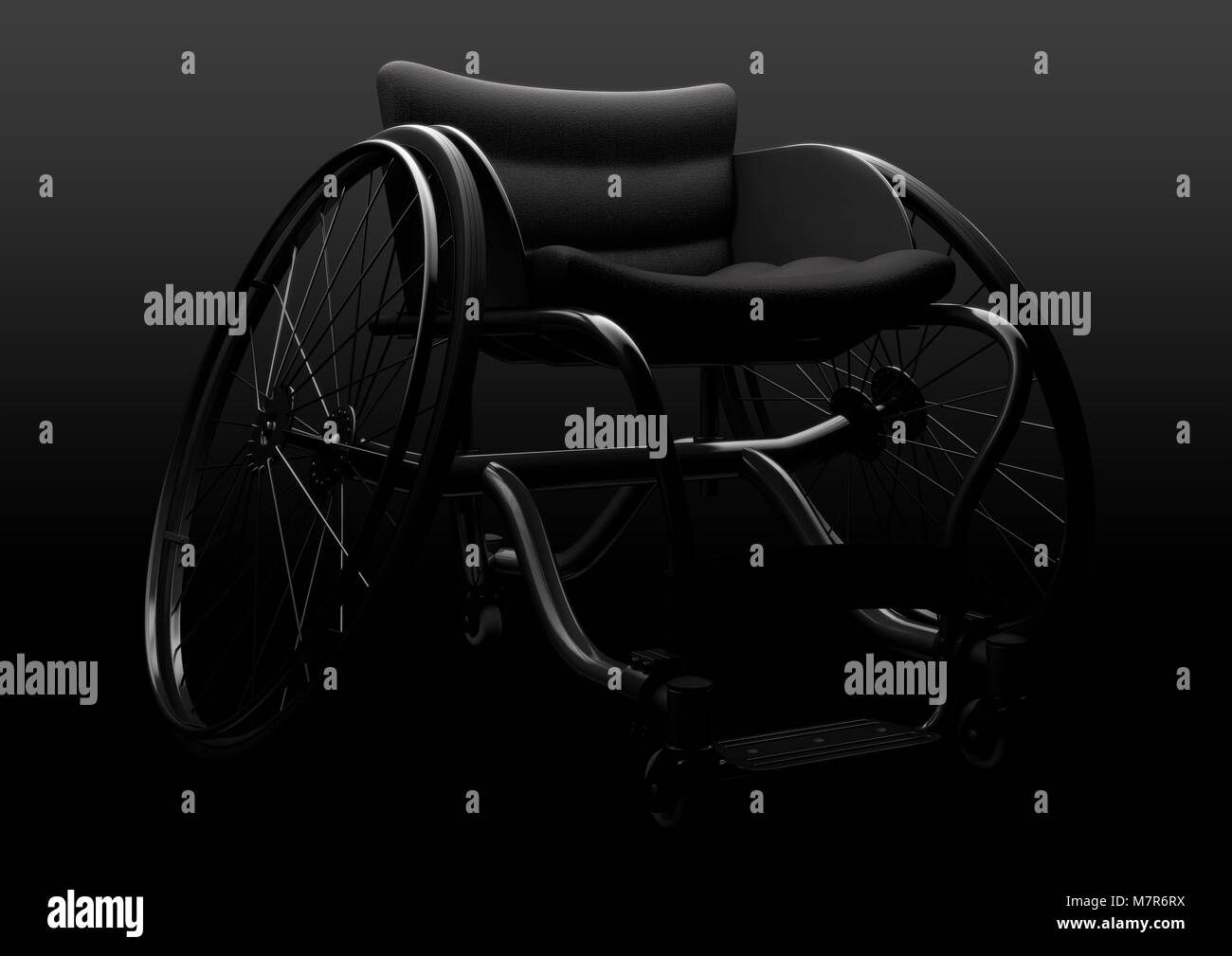 Eine modifizierte Rollstuhl durch behinderte Athleten in verschiedenen sporting Codes auf einem Moody zu konkurrieren isolierten dunklen Hintergrund - 3D-Rendering Stockfoto