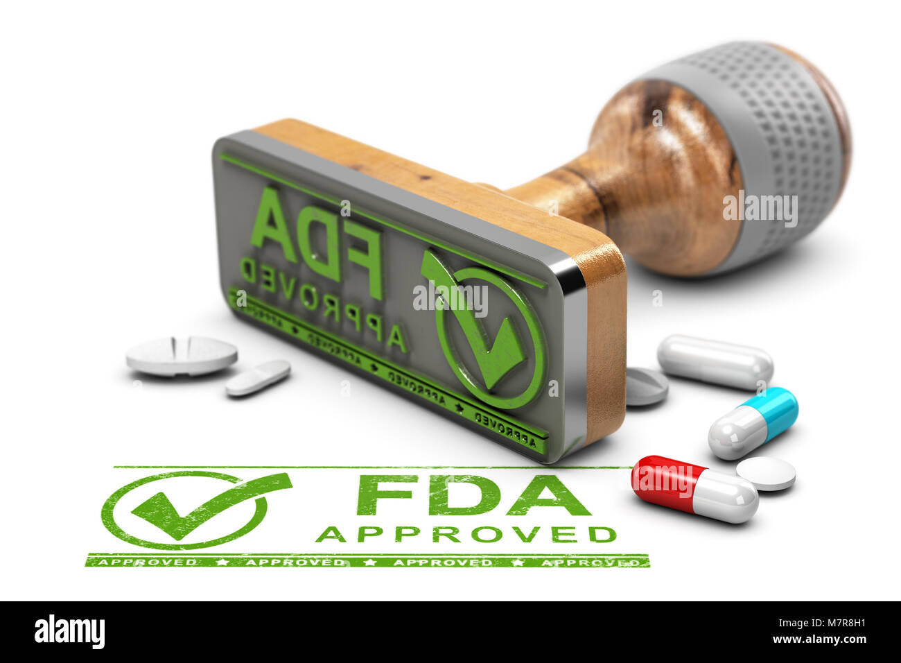 Drogen Genehmigung Konzept. Stempel mit dem Text von der FDA zugelassen und Pillen auf weißen Hintergrund. 3D-Darstellung Stockfoto