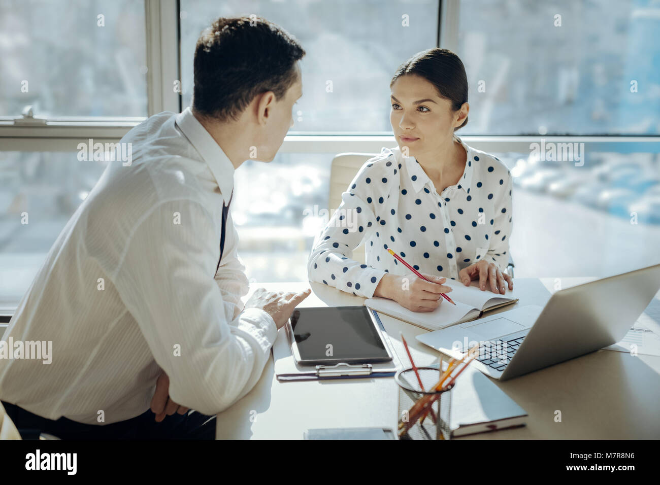 Angenehme Kollegen Brainstorming Ideen über ihr gemeinsames Projekt Stockfoto