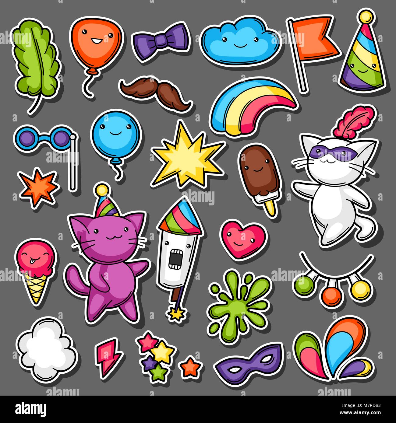 Karneval Party kawaii Sticker Set. Süße Katzen, Dekorationen für Feiern, Objekte und Symbole Stock Vektor