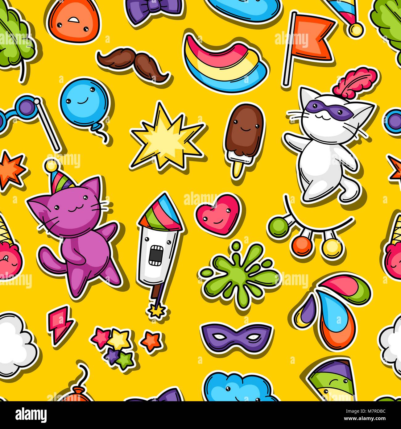 Karneval Party kawaii nahtlose Muster. Süße Aufkleber Katzen, Dekorationen für Feiern, Objekte und Symbole Stock Vektor