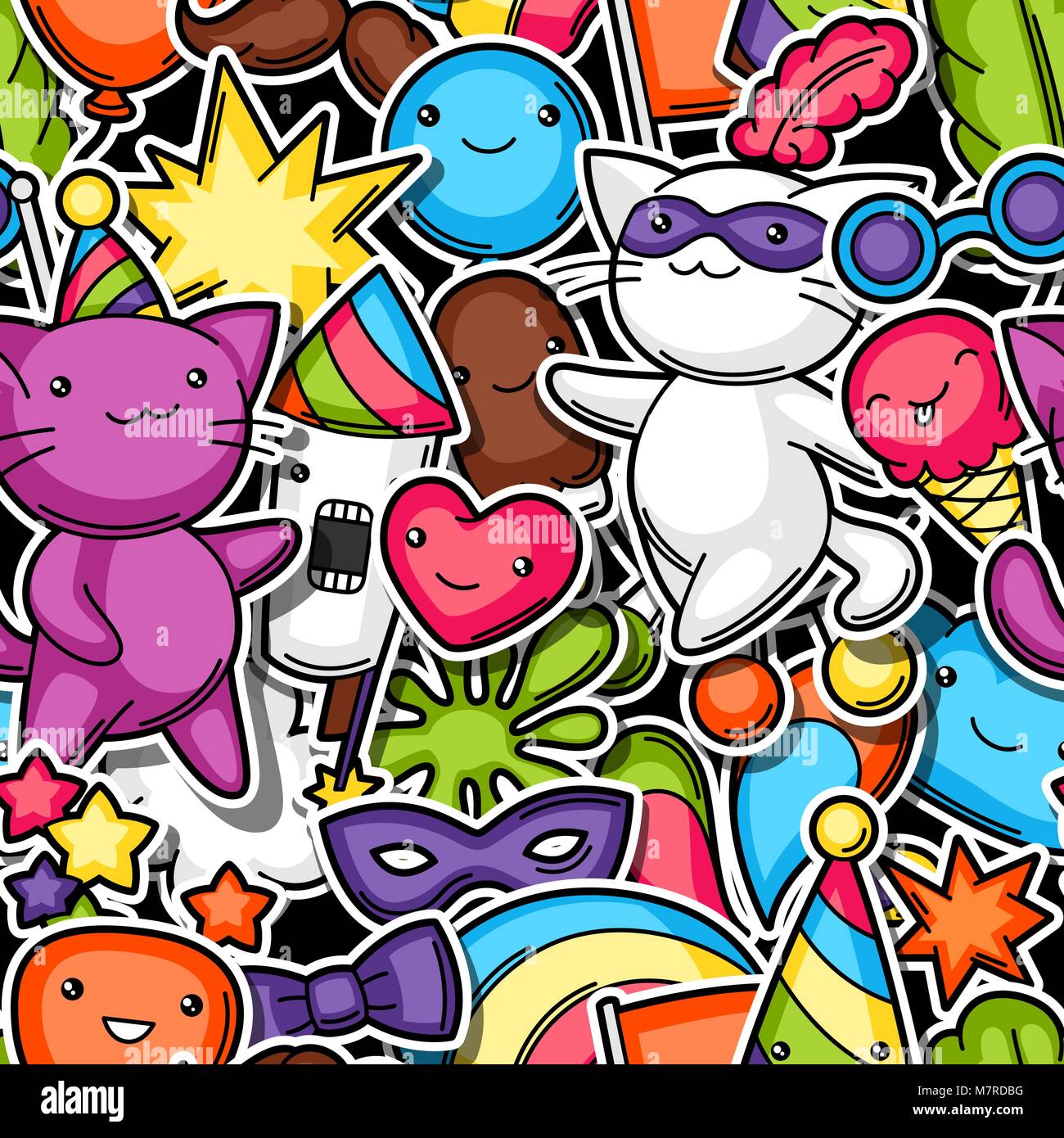 Karneval Party kawaii nahtlose Muster. Süße Aufkleber Katzen, Dekorationen für Feiern, Objekte und Symbole Stock Vektor