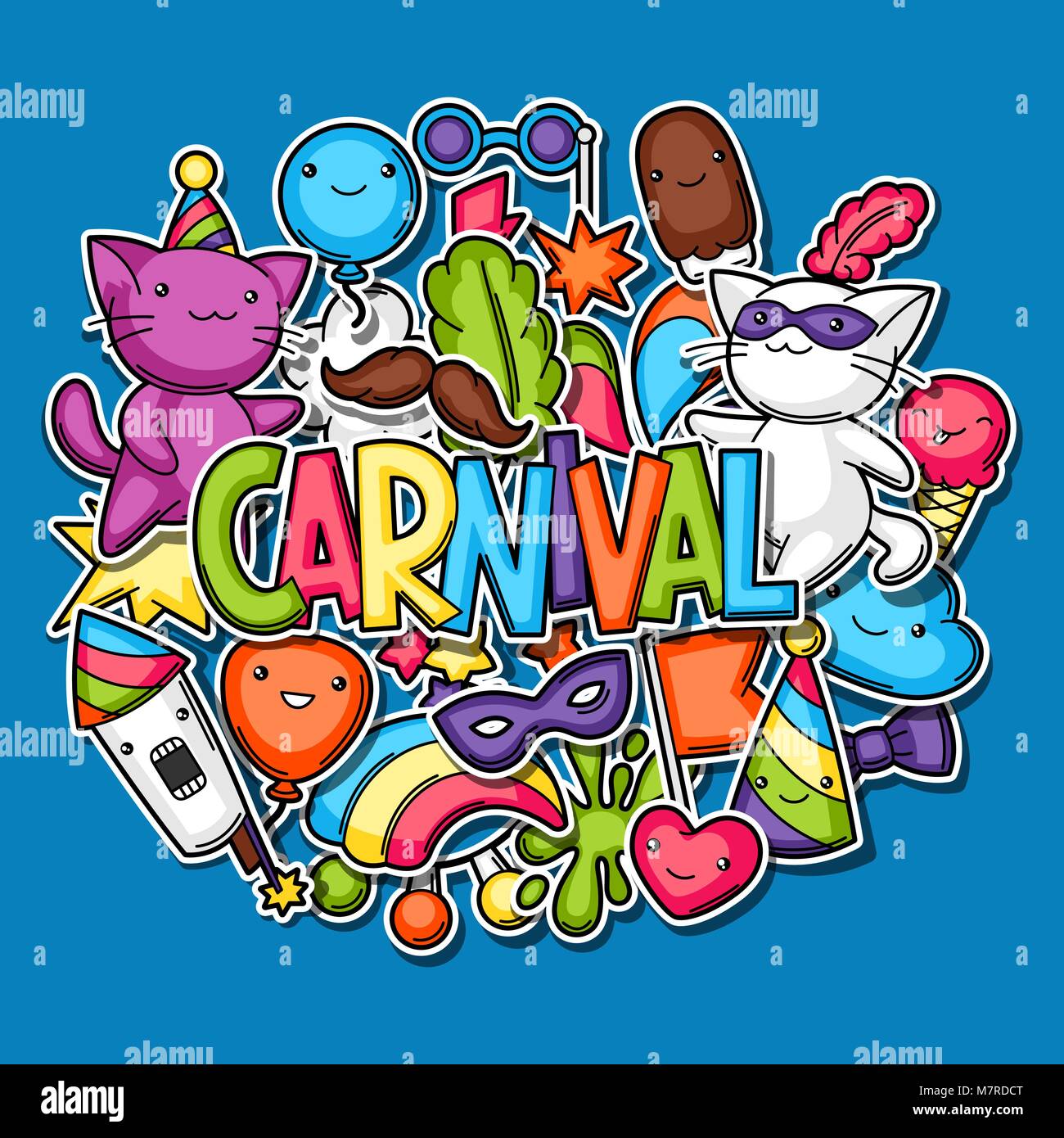 Karneval Party kawaii Hintergrund. Süße Aufkleber Katzen, Dekorationen für Feiern, Objekte und Symbole Stock Vektor
