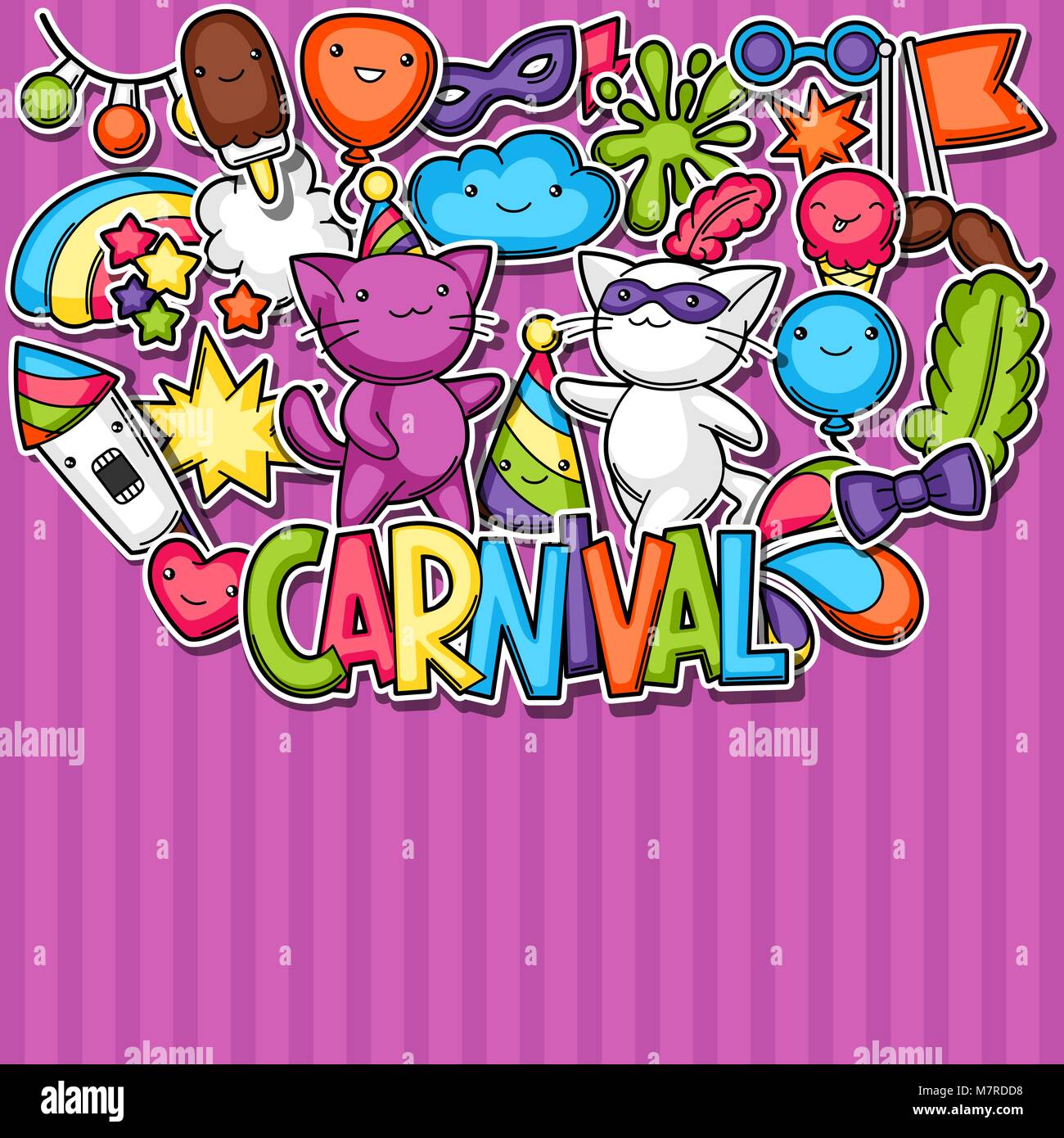 Karneval Party kawaii Hintergrund. Süße Aufkleber Katzen, Dekorationen für Feiern, Objekte und Symbole Stock Vektor