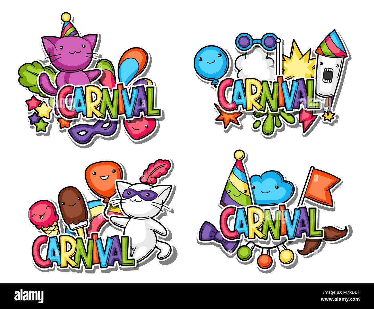 Karneval Party kawaii Sticker Set. Süße Katzen, Dekorationen für Feiern, Objekte und Symbole Stock Vektor