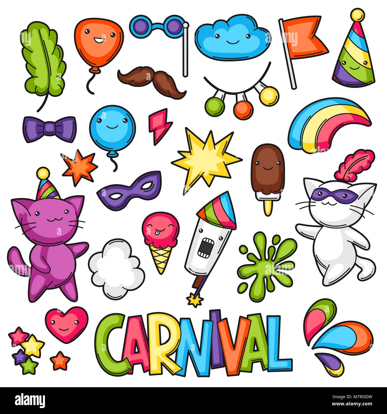 Karneval Party kawaii eingestellt. Süße Katzen, Dekorationen für Feiern, Objekte und Symbole Stock Vektor