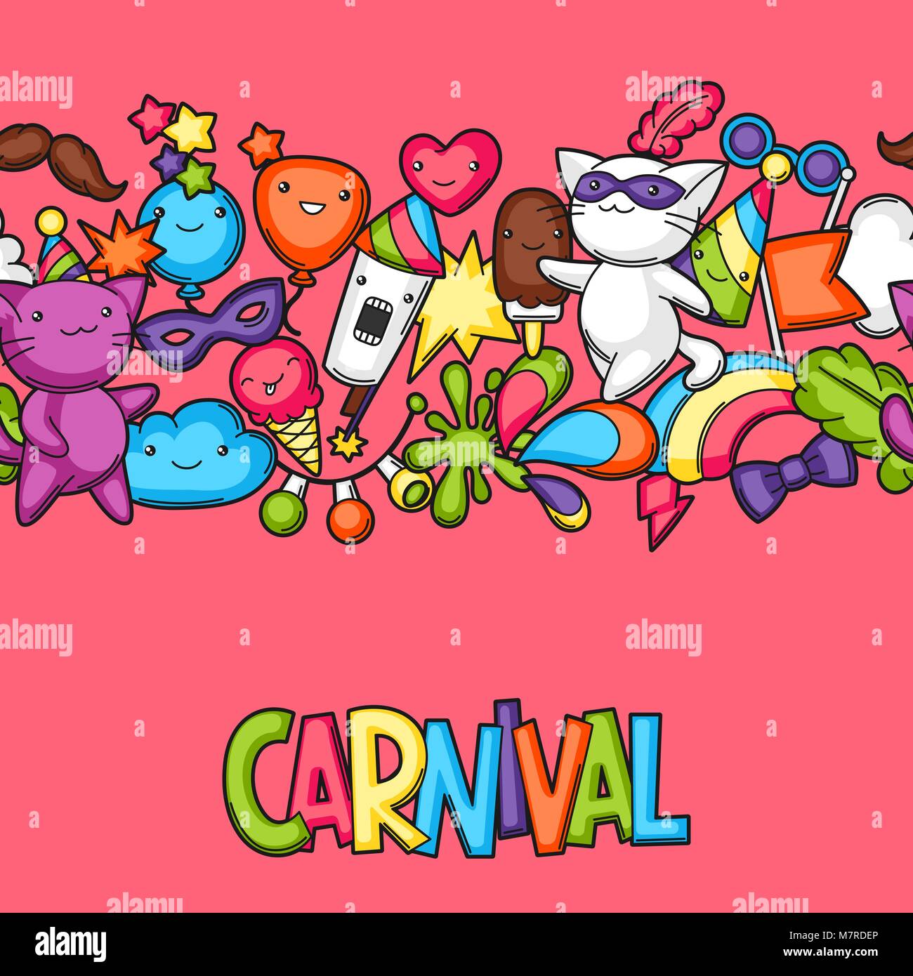 Karneval Party kawaii nahtlose Muster. Süße Katzen, Dekorationen für Feiern, Objekte und Symbole Stock Vektor