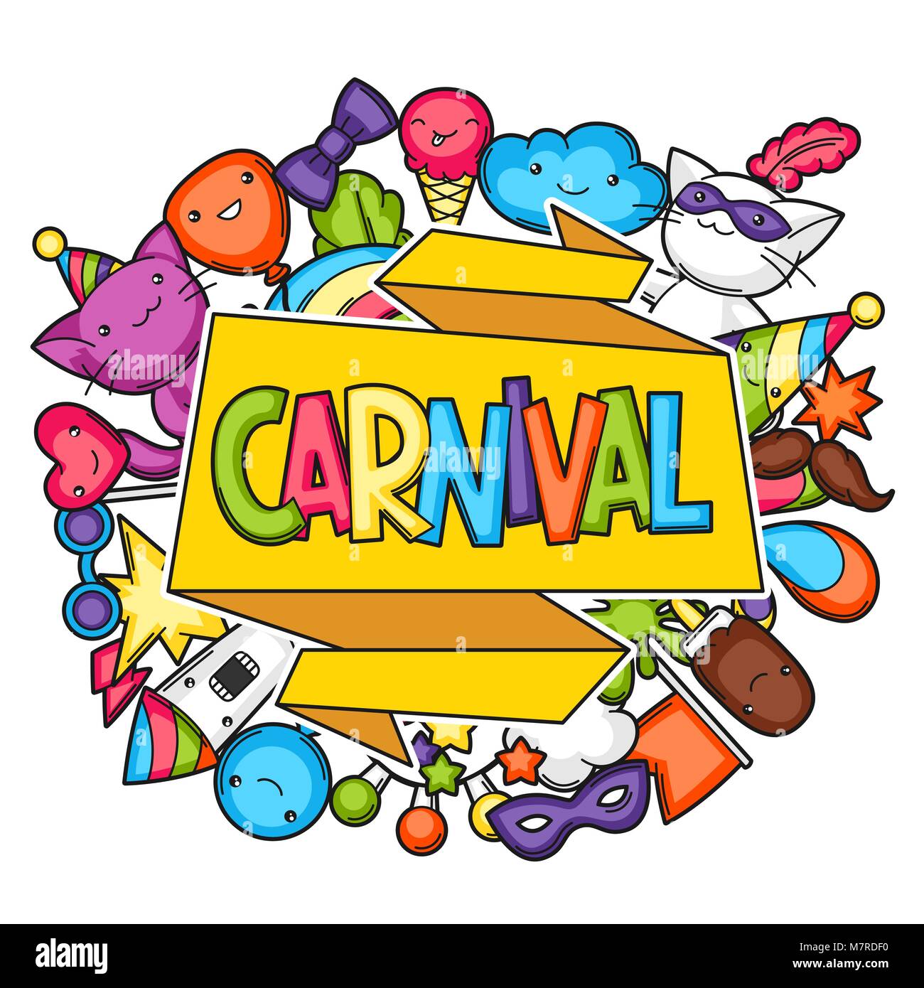 Karneval Party kawaii Hintergrund. Süße Katzen, Dekorationen für Feiern, Objekte und Symbole Stock Vektor