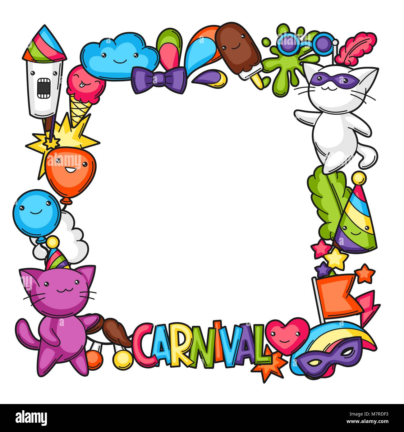 Karneval Party kawaii Rahmen. Süße Katzen, Dekorationen für Feiern, Objekte und Symbole Stock Vektor