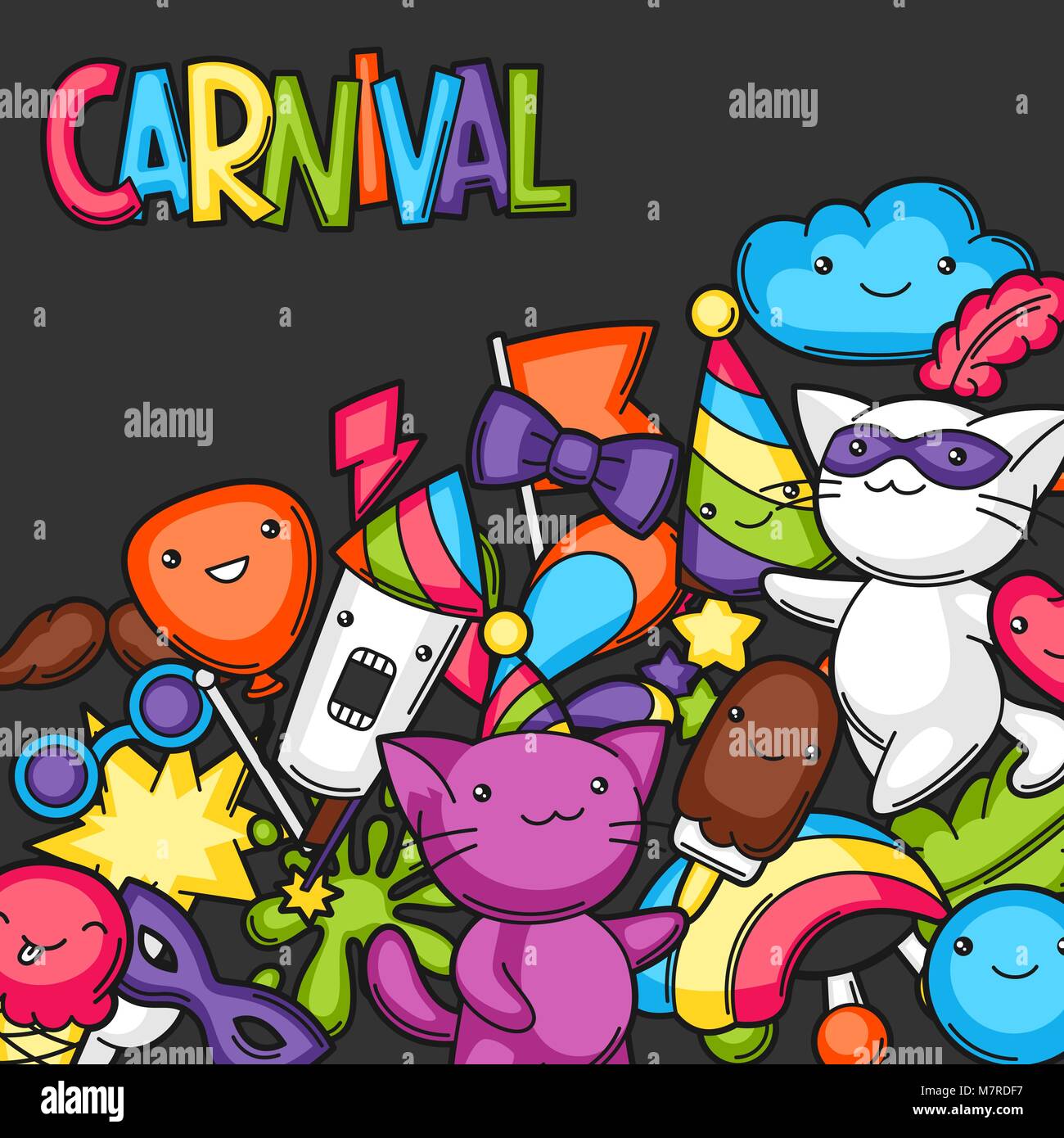 Karneval Party kawaii Hintergrund. Süße Katzen, Dekorationen für Feiern, Objekte und Symbole Stock Vektor
