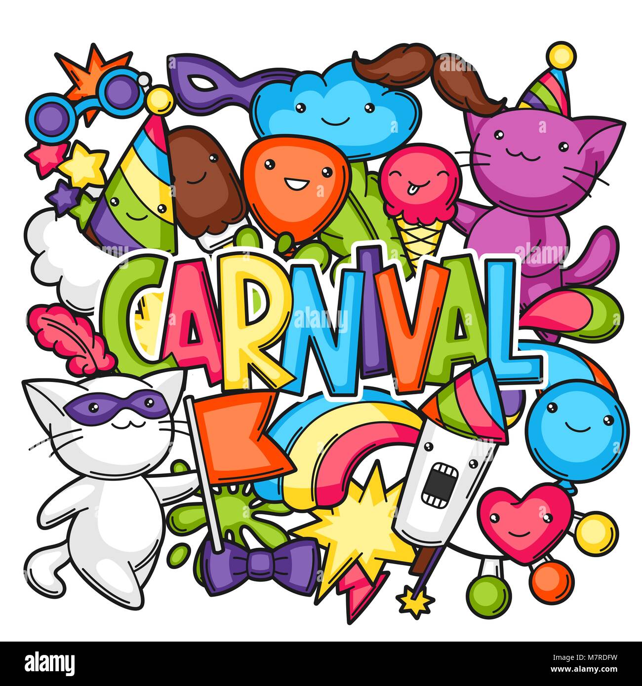 Karneval Party kawaii Drucken. Süße Katzen, Dekorationen für Feiern, Objekte und Symbole Stock Vektor