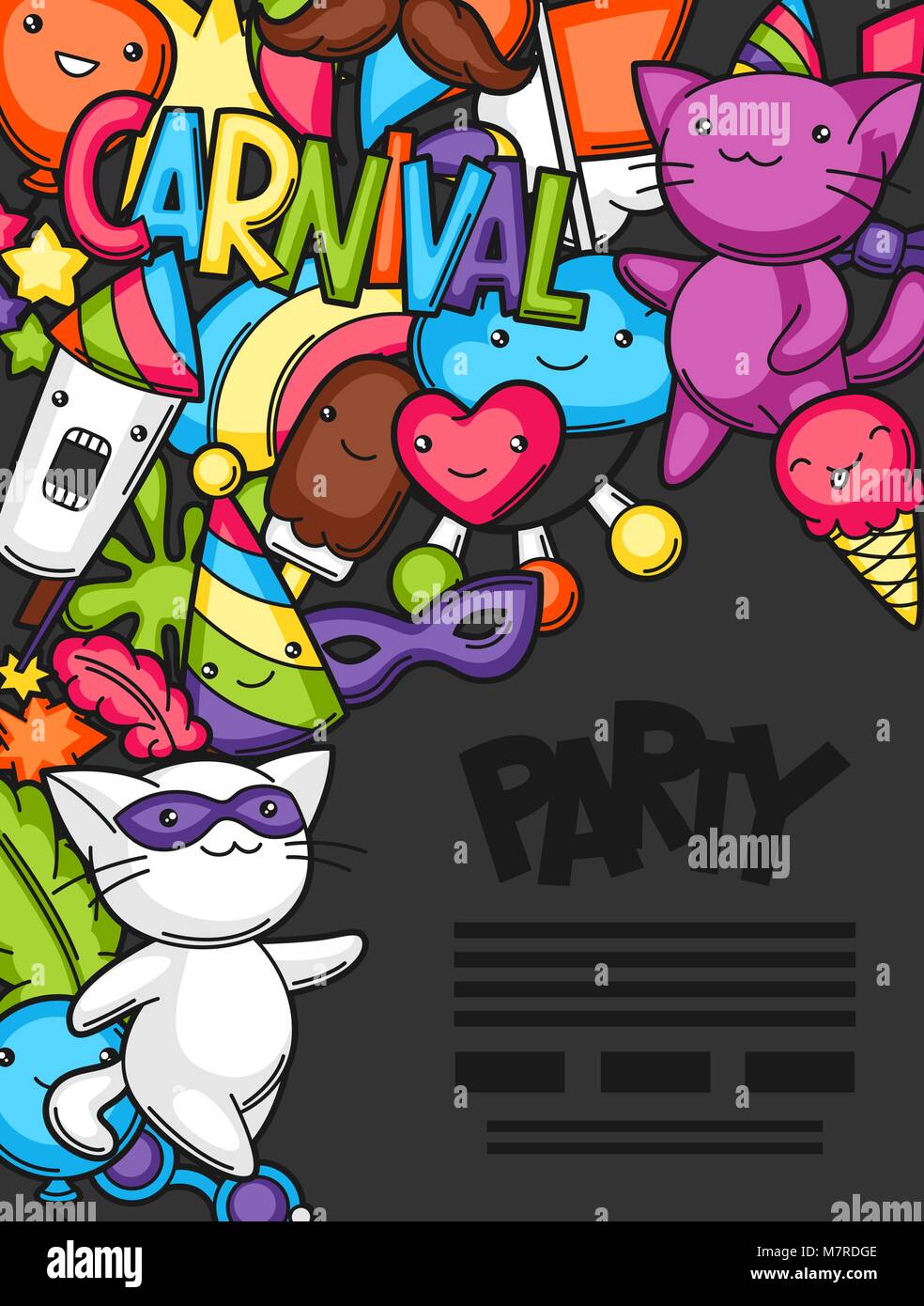 Karneval Party kawaii flayer. Süße Katzen, Dekorationen für Feiern, Objekte und Symbole Stock Vektor