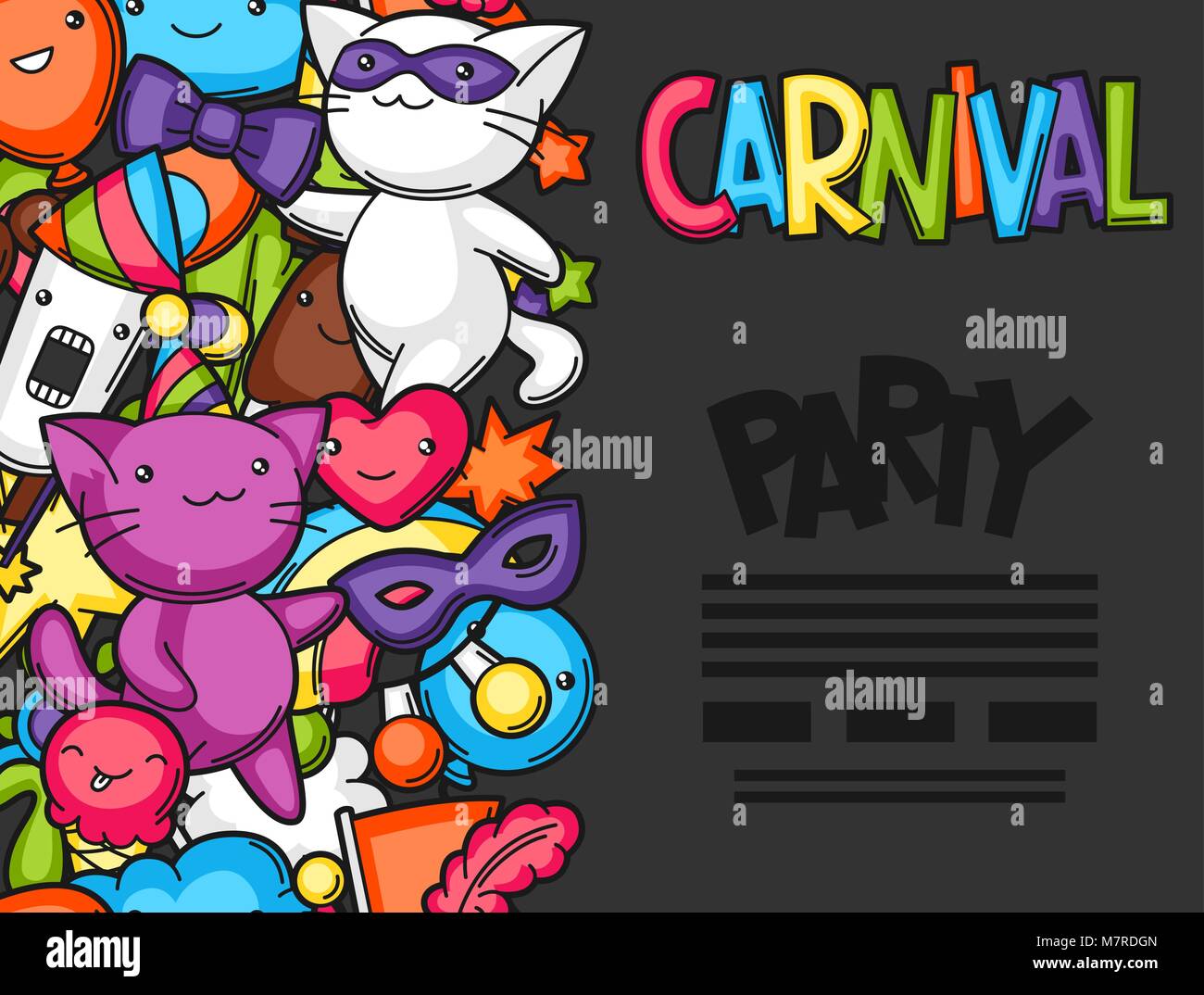 Karneval Party kawaii flayer. Süße Katzen, Dekorationen für Feiern, Objekte und Symbole Stock Vektor