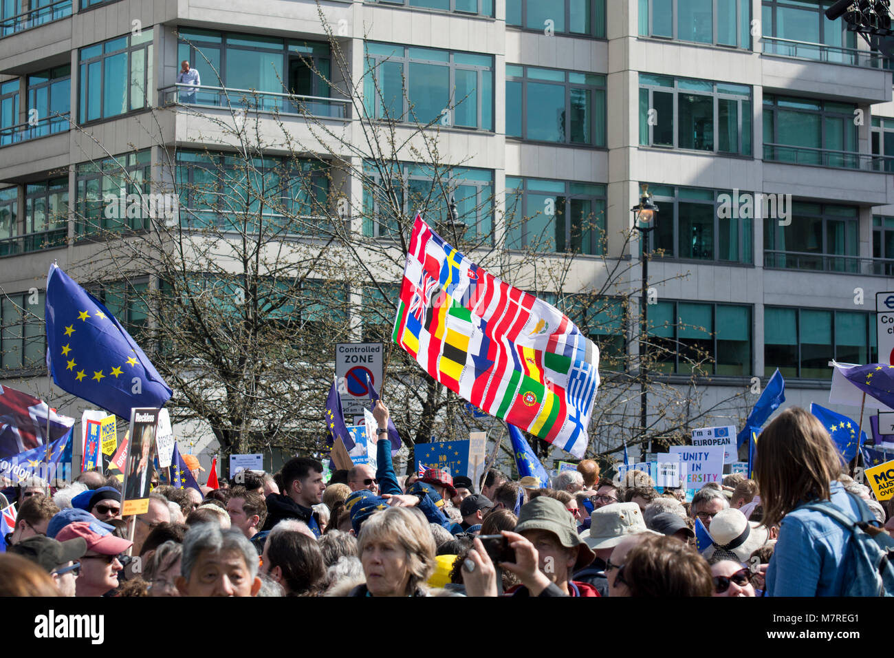 Eine Masse von anti Brexit Demonstranten schwenkten EU-Flaggen und eine Flagge, die aus einer Reihe von Fahnen der Europäischen Union bei den Vereinen für Europa März in London Stockfoto
