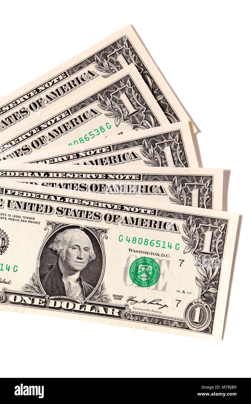 Ungepflegte Fan von uns ein dollarnoten gegen Weiße isoliert. Stockfoto