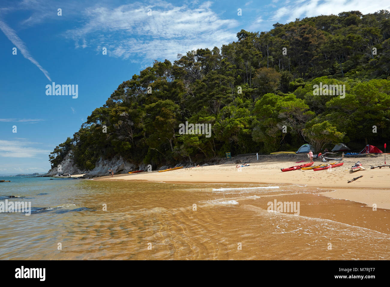 Beobachtung Beach Camping, Abel Tasman National Park, Nelson, Südinsel, Neuseeland Stockfoto