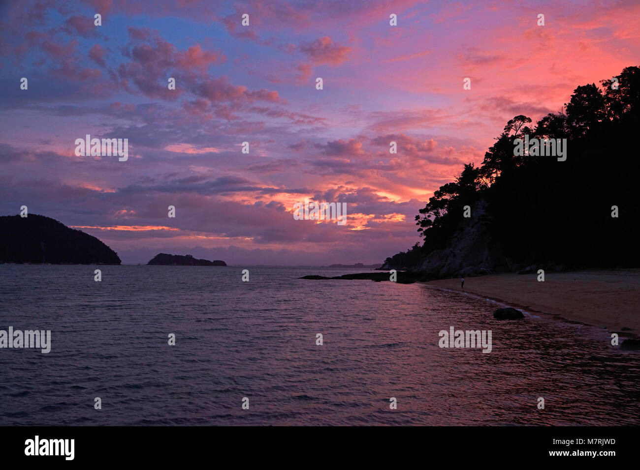 Beobachtung Strand bei Sonnenuntergang, Abel Tasman National Park, Nelson, Südinsel, Neuseeland Stockfoto