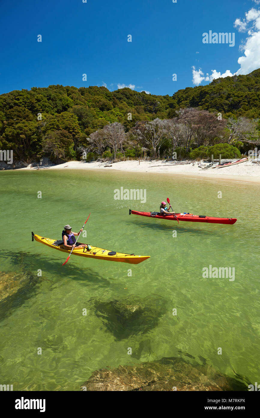 Kajakfahrer, Mosquito Bay, Abel Tasman National Park, Nelson, Südinsel, Neuseeland (Model Released) Stockfoto