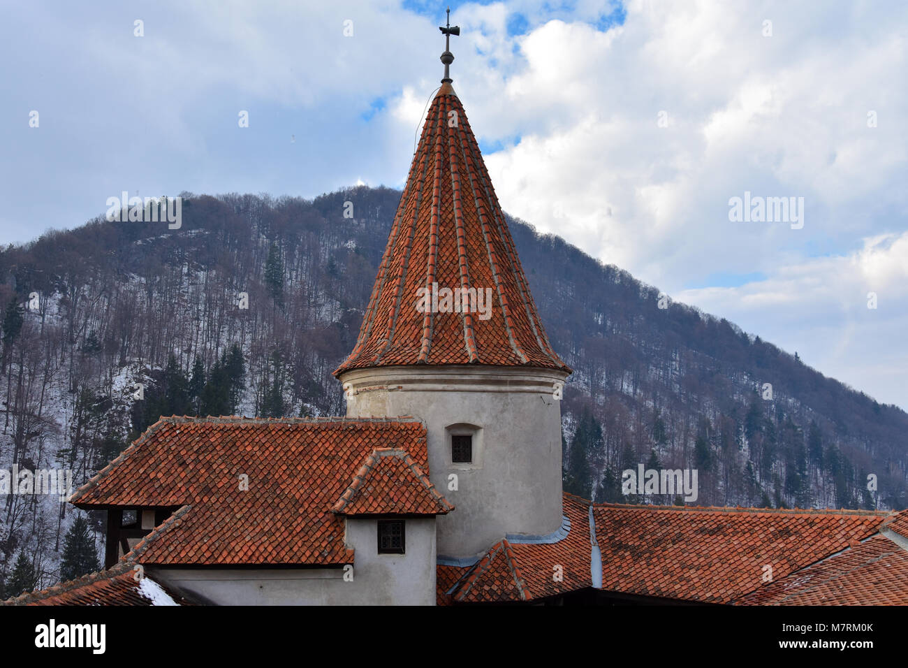 Bran, Rumänien. Februar 4, 2017. Turm der Burg Bran (Bran Castelul), auch bekannt als Schloss des 'Dracula-" bekannt Stockfoto