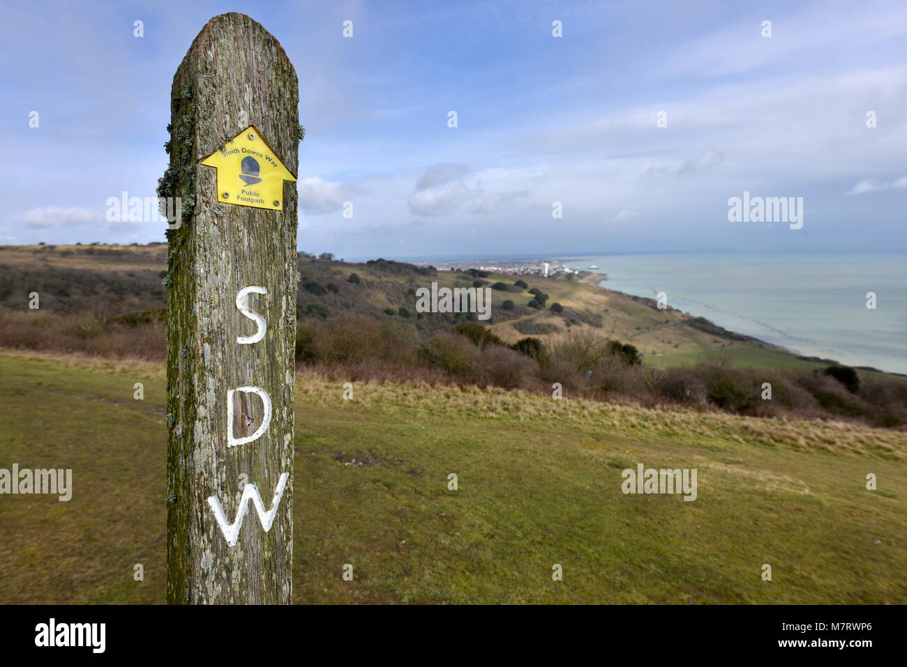 South Downs Way Wegweiser zeigen, Eastbourne, der Endpunkt der Strecke, Stockfoto
