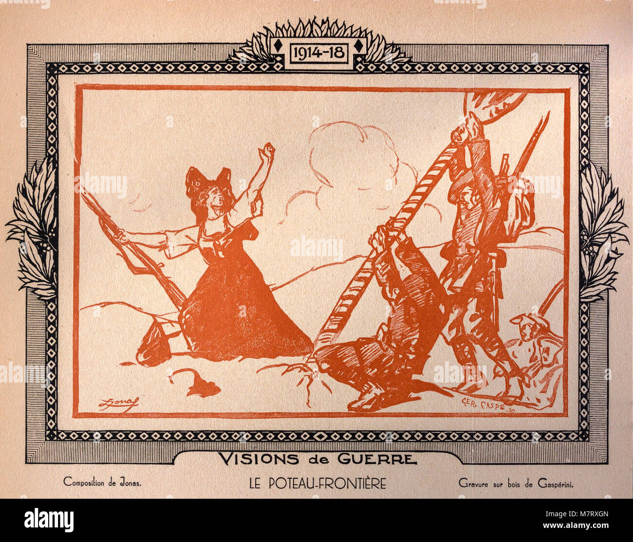 Holzstich von WW1' der Grenze', ursprünglich veröffentlicht im Jahre 1920 französische Buch "La guerre racontée par Nos généraux" (Der Krieg durch unsere Generäle nachgezählt) von PÉRIGUEUX (Maréchal) et DUBAIL (Général). Stockfoto