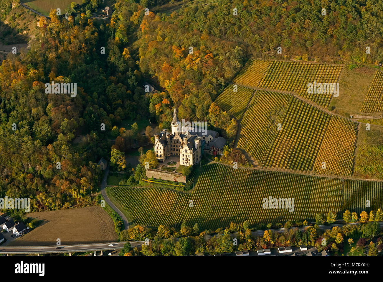 Luftaufnahme, Herbst im Rheintal, Schloss, Schloss Arensfels Arensfels, Gerlach vo Isenburg, Bad Hönningen, Rheinland, Rheintal, Rhineland-Pa Stockfoto
